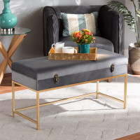 Baxton Studio JY19B-051L-Grey VelvetGold-Otto Baxton Studio Aliana Glam and Luxe Grey Velvet Fabric Upholstered and Gold Finished Metal Large Storage Ottoman